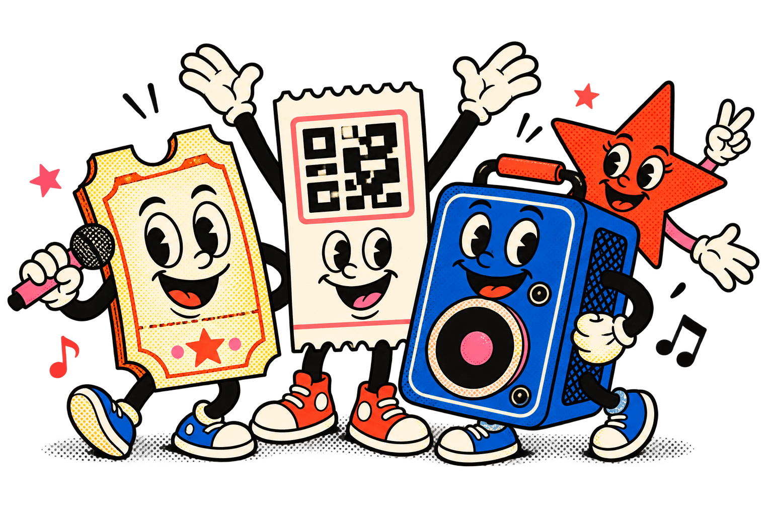 Karakter kartun tiket, QR, speaker, dan bintang merayakan konser